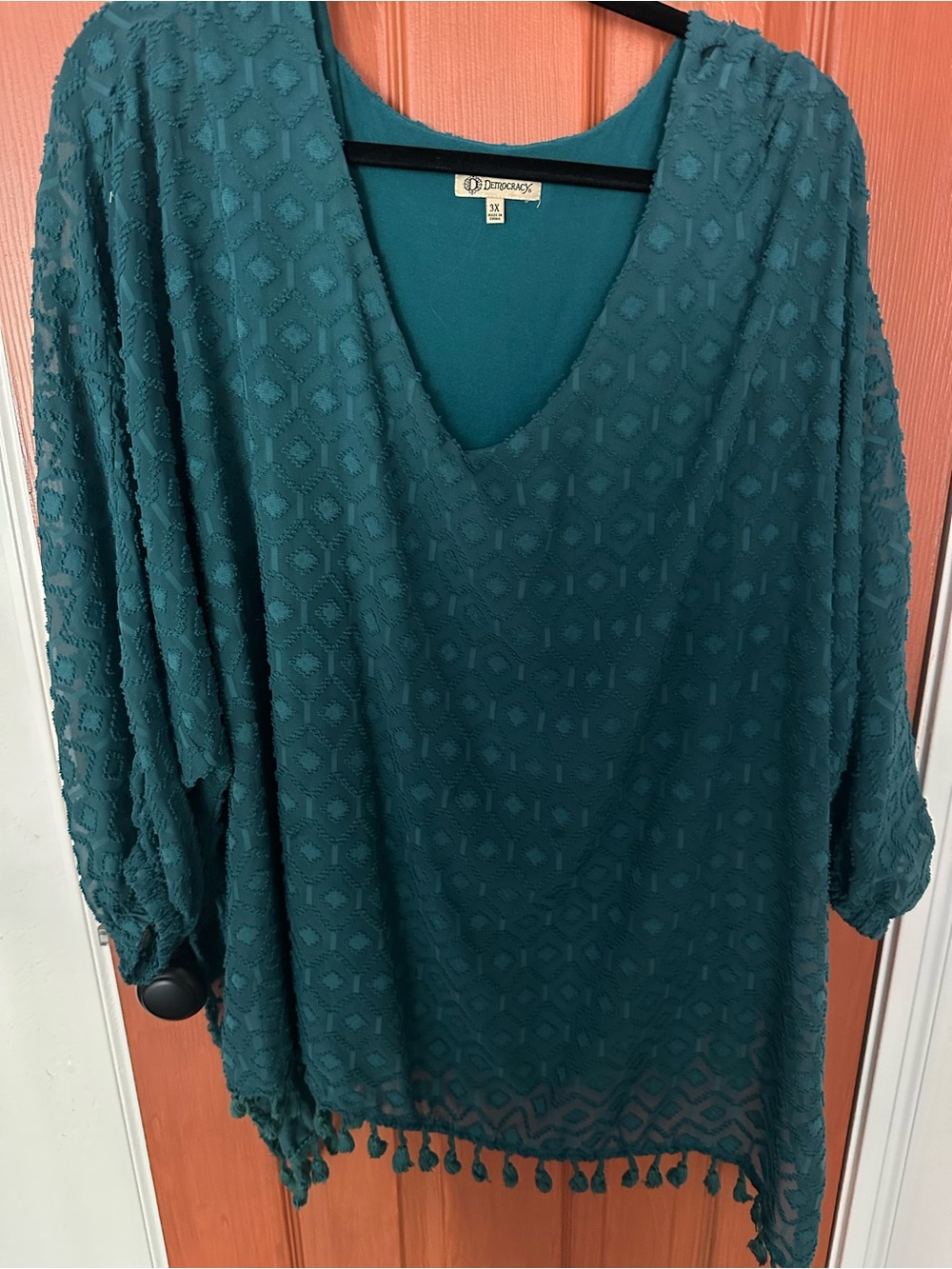 Democracy Teal Textured V-Neck Pom-Pom Hem Tunic
